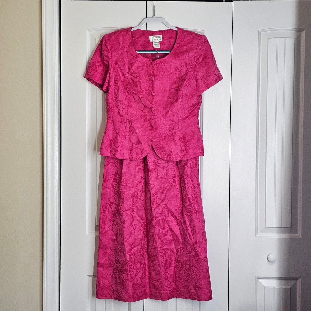 Talbots Petites Vintage Pink Floral Jacquard Skirt Suit Set 2 Piece Fuchsia 10P